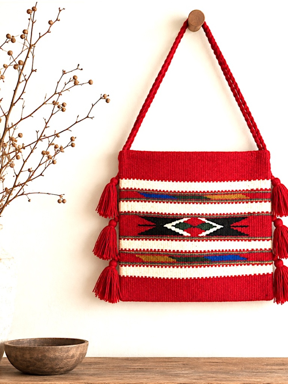 vintage handwoven wool bag shoulder Serbian Native American kilim folk-art